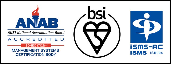 ISO/IEC 27001 認証シンボル (ANAB・BSI・ISMS-AC)